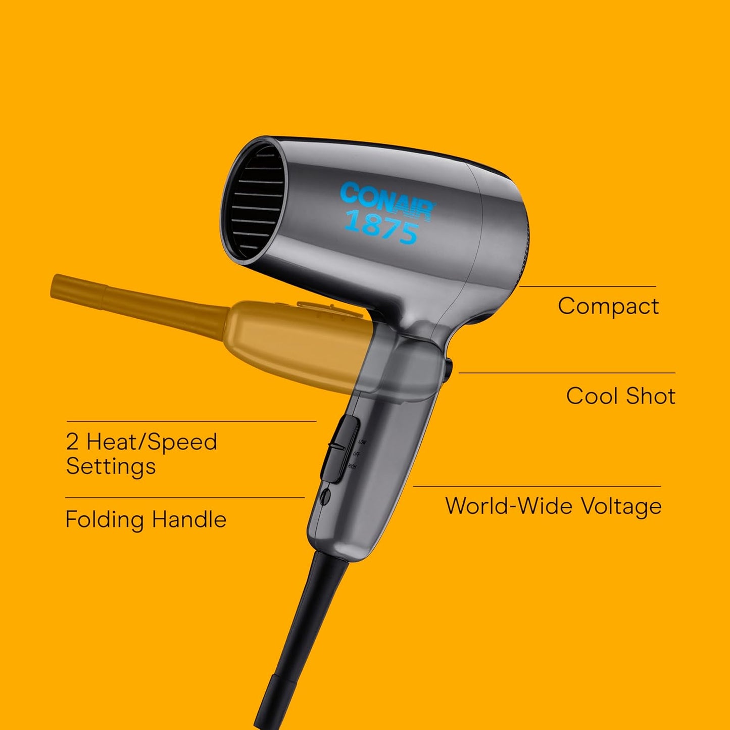 Conair Travel Hair Dryer - 1875W Dual Voltage Compact Blow Dryer | Gray, Folding Handle