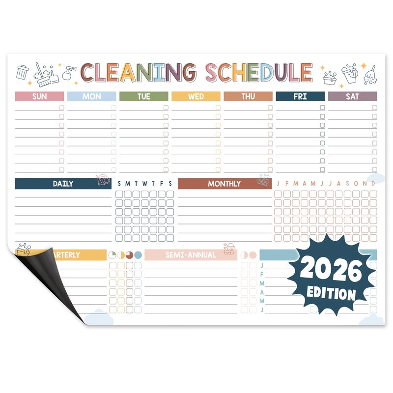 BLOOMOST Magnetic Cleaning Schedule and Checklist Dry Erase Board - Reusable Cleaning Schedule for Home, Kitchen & Bathroom | Weekly & Monthly Chore Chart for Adults, Strong Magnet, Easy Erase