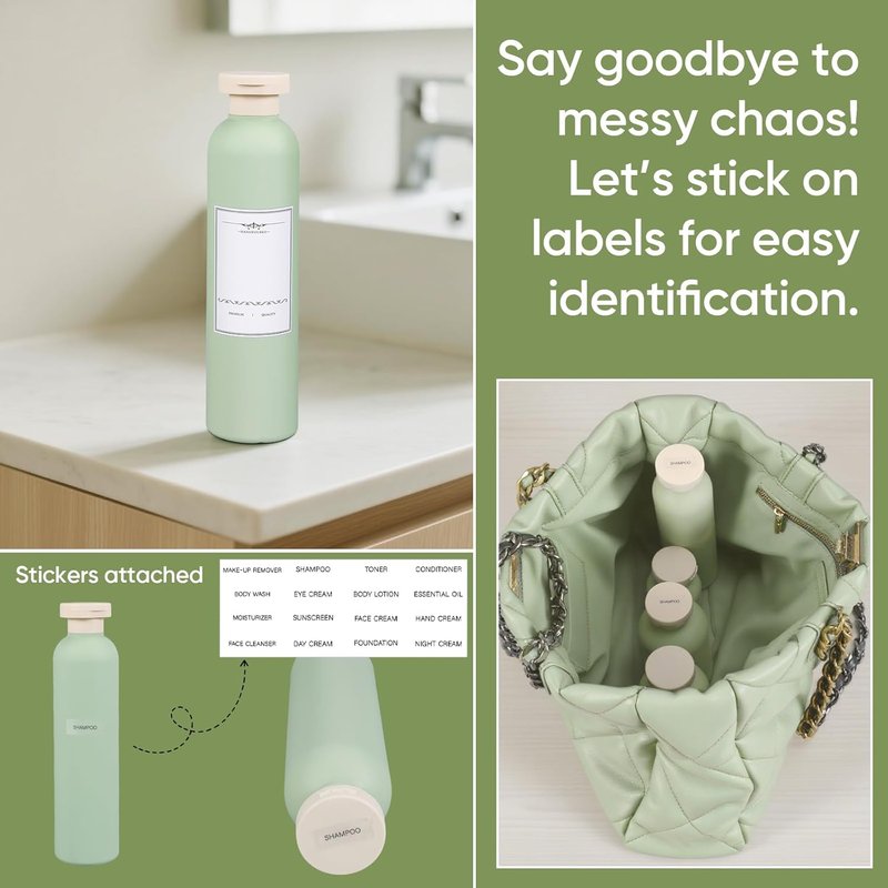 Demora Travel Bottles - Leak Proof 8.8oz Refillable Toiletry Containers | Green, 4 Pack with Flip Caps & Labels