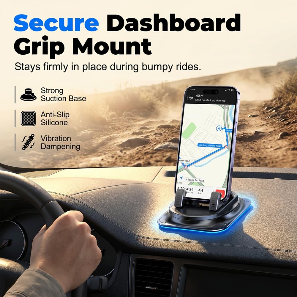 NEKSKA Dashboard Phone Holder for Car, 360 Degree Rotation Mount, Foldable Silicone Dash Stand, Anti-Slip Mobile Cradle Compatible (1PC)
