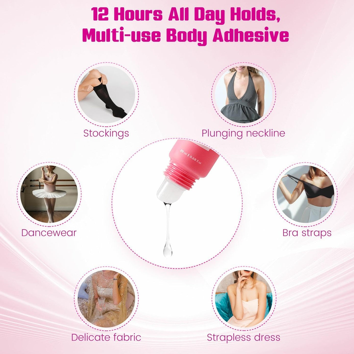 Body Adhesive Glue for Clothes 20ml, Sweat Proof, Water Wash Off Skin Adhesive, Fabric-Safe Liquid Fashion Glue Tape for Dancers, Women Bras, Wigs, Stockings