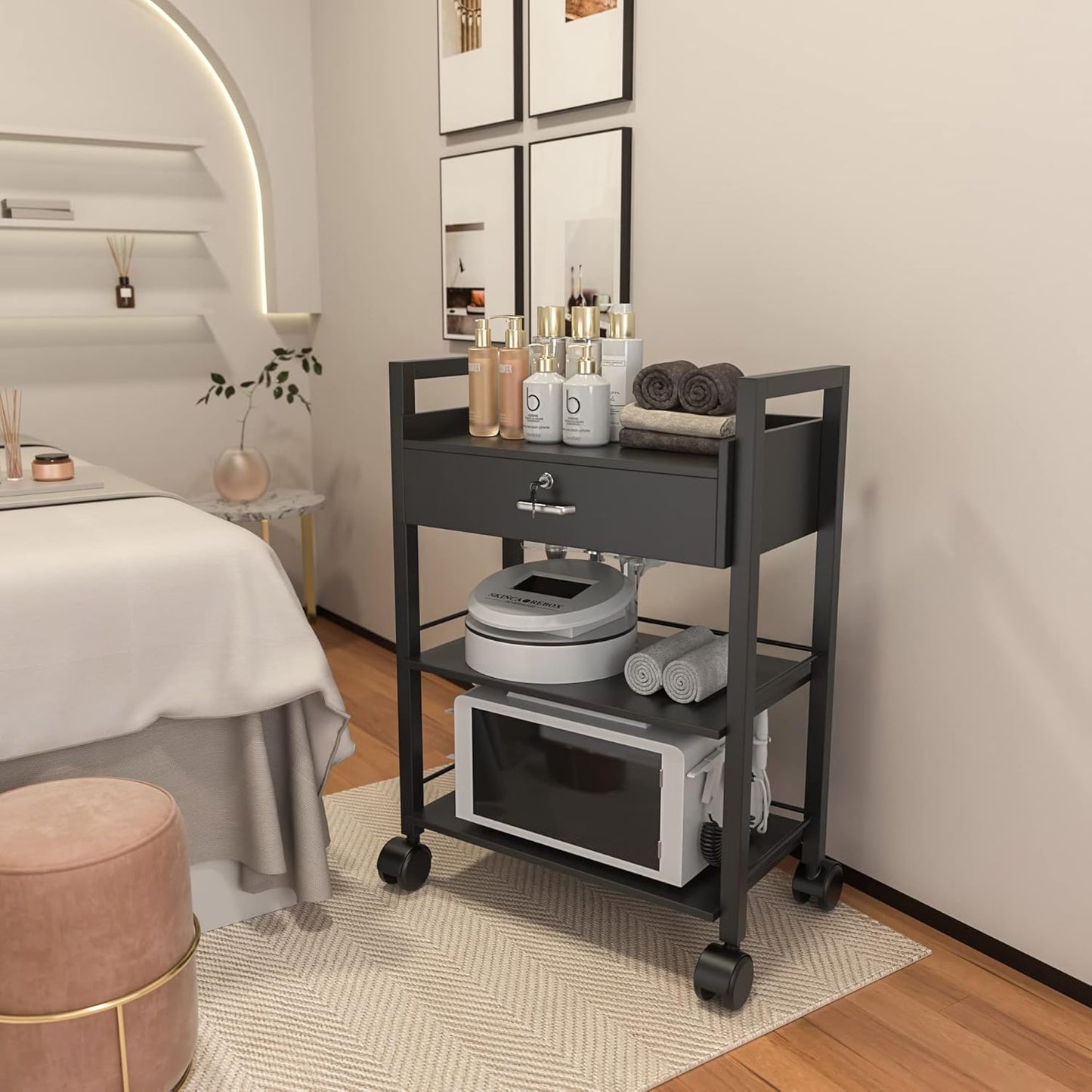 Salon Trolley Cart - Mobile Wooden Utility Cabinet with 1 Drawer & 2 Trays | Rolling Storage Station for Beauty Spa - Black