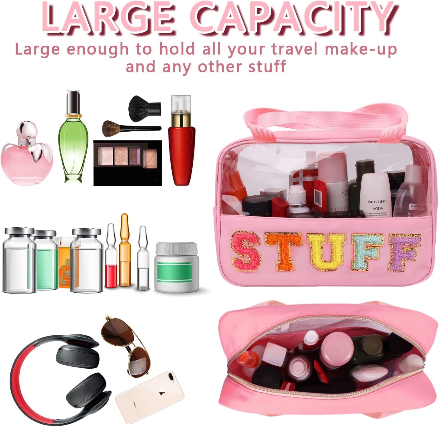 Chenille Letter Patch Stuff Bag - Large Clear Makeup & Toiletry Tote | Waterproof Nylon Organizer for Travel (Pink)