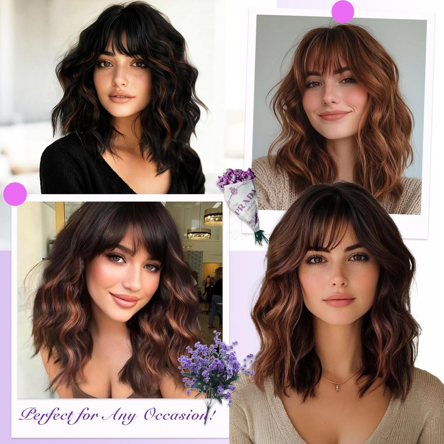 Short Wavy Wig with Bangs - Natural Curly Synthetic Hair for Daily Wear | 14-Inch Brown Highlight
