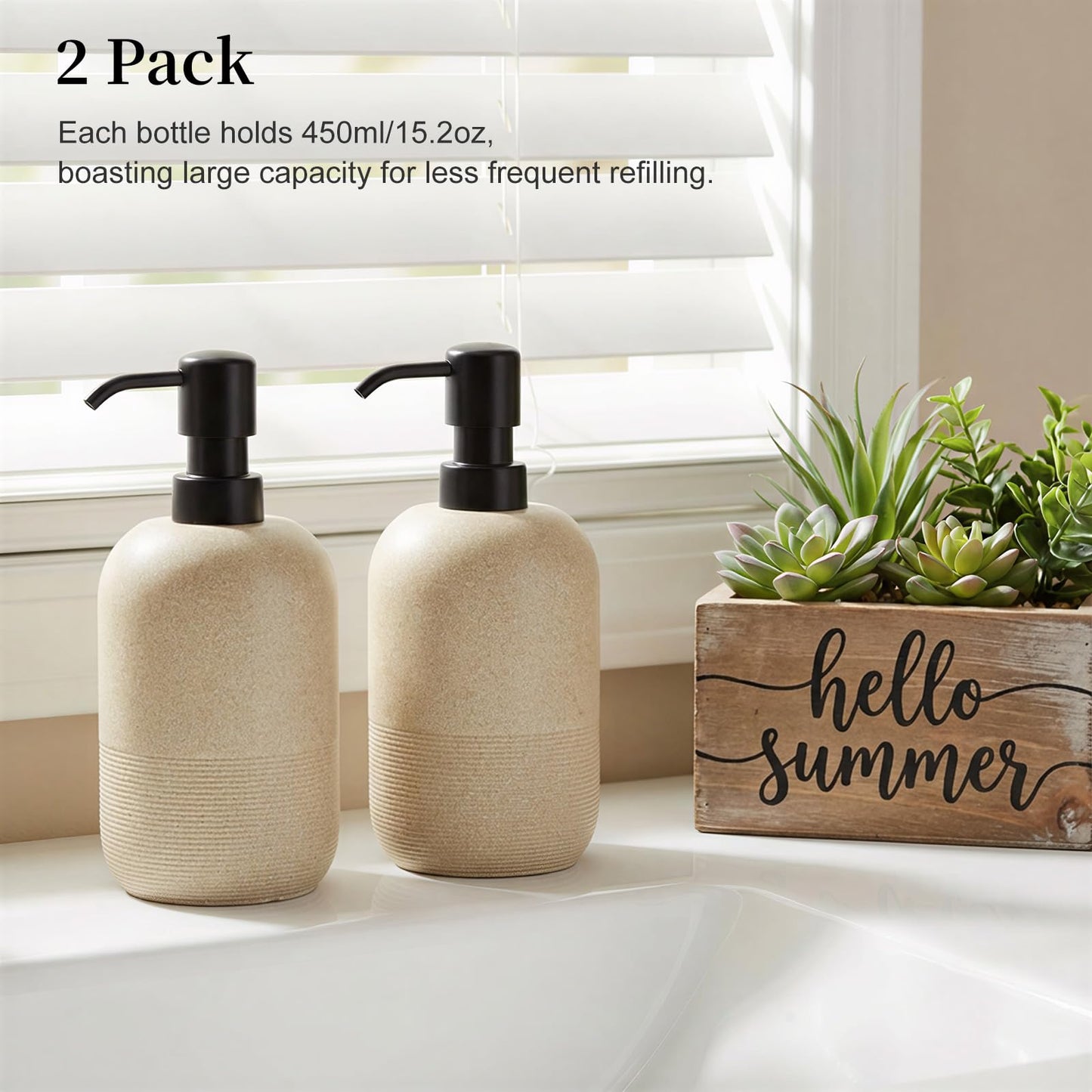 Luxspire 2 Set Soap Dispenser Cylinder-Shaped Resin and Gravel Liquid Soap Dispenser with Pump, 450ml Shampoo Container, Decorative Hand Soap Bottle for Bathroom, Kitchen and Hotel, Beige