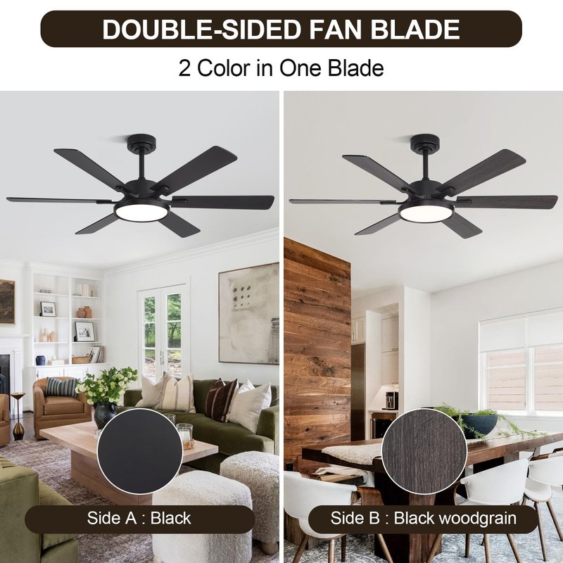 oooYYDSxxx 52in Black Low Profile Ceiling Fan with Light, Remote Control, 6 Blades, Dimmable LED, Flush Mount, Reversible, 6 Speeds, Ultra Quiet, Indoor Use, Bonus Wall Switch, Outdoor Rated