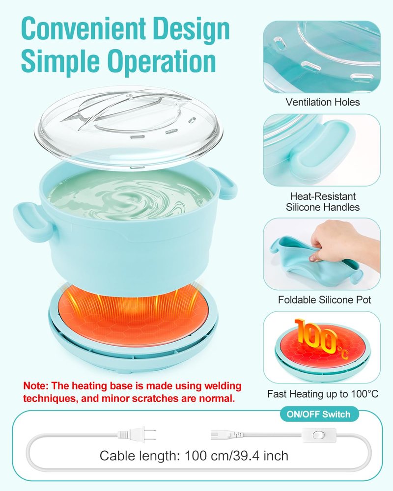 Silicone Wax Warmer for Hair Removal, Foldable Hot Wax Melter Machine for Hard and Soft Wax Beads, 18.6oz Electric Waxing Kit Silicone Heater Pot for Full Body, Legs, Face, Eyebrows & Bikini