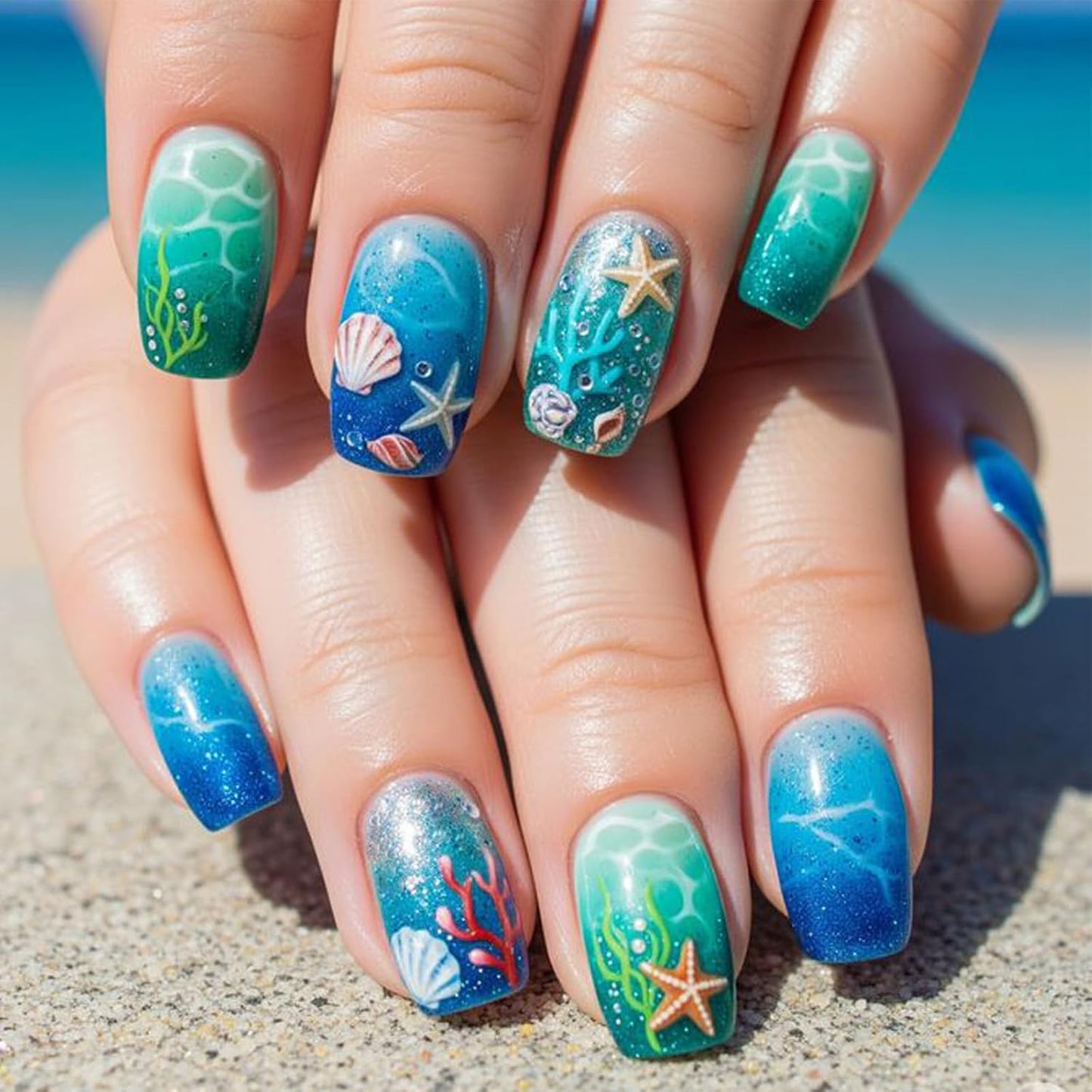 Press On Nails - Medium Almond Gradient Green Ocean | Glossy Acrylic Turtle Design - 24 Reusable Stick-On Nails
