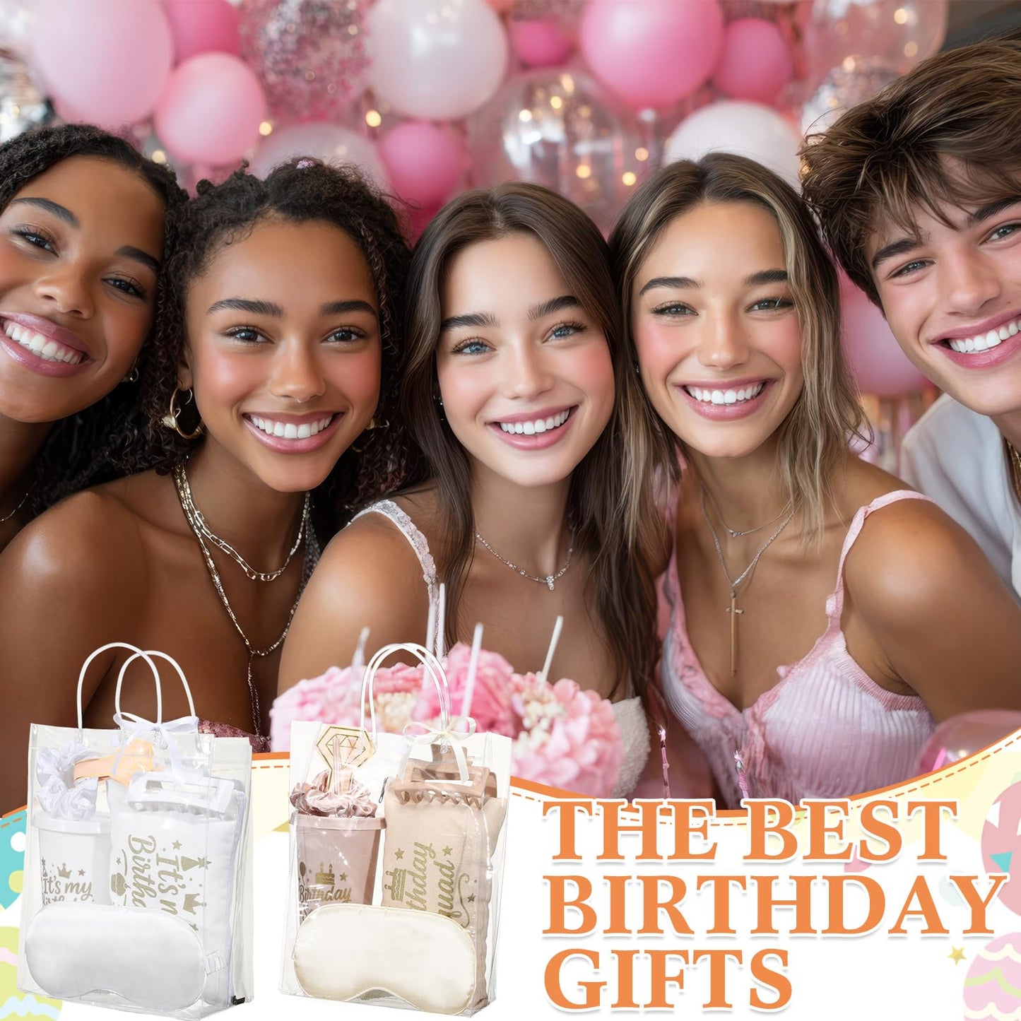 Ferrochef 6 Sets Birthday Squad Party Favors for Women Birthday Squad Cups Tumblers with Lids Straws Makeup Bags Satin Eye Masks Hair Clips Hair Scrunchies for Spa Sleepover Accessories (Beige White)