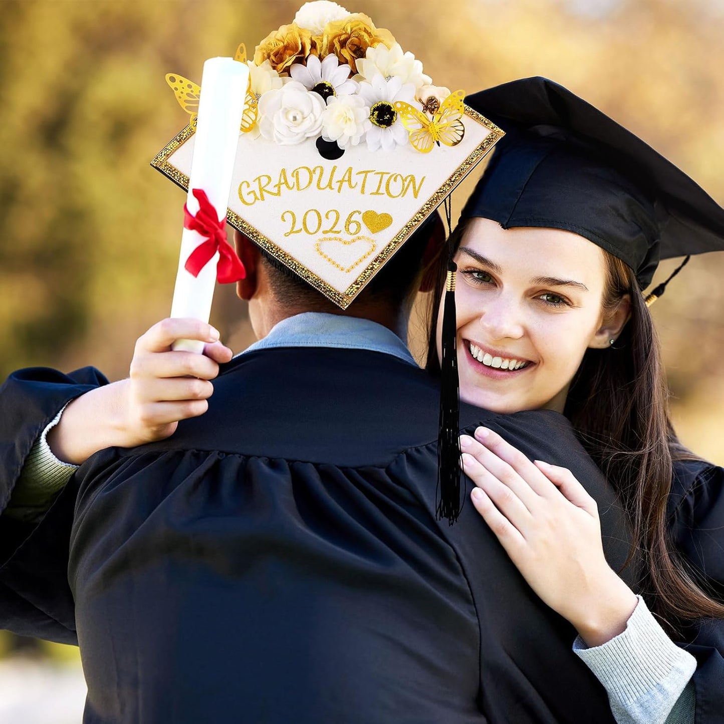 DIY Graduation Cap Decorations Kit - 43 PCS with Faux Flowers, 3D Butterflies & Rhinestone Stickers | Perfect for 2026 Grad Party (White)