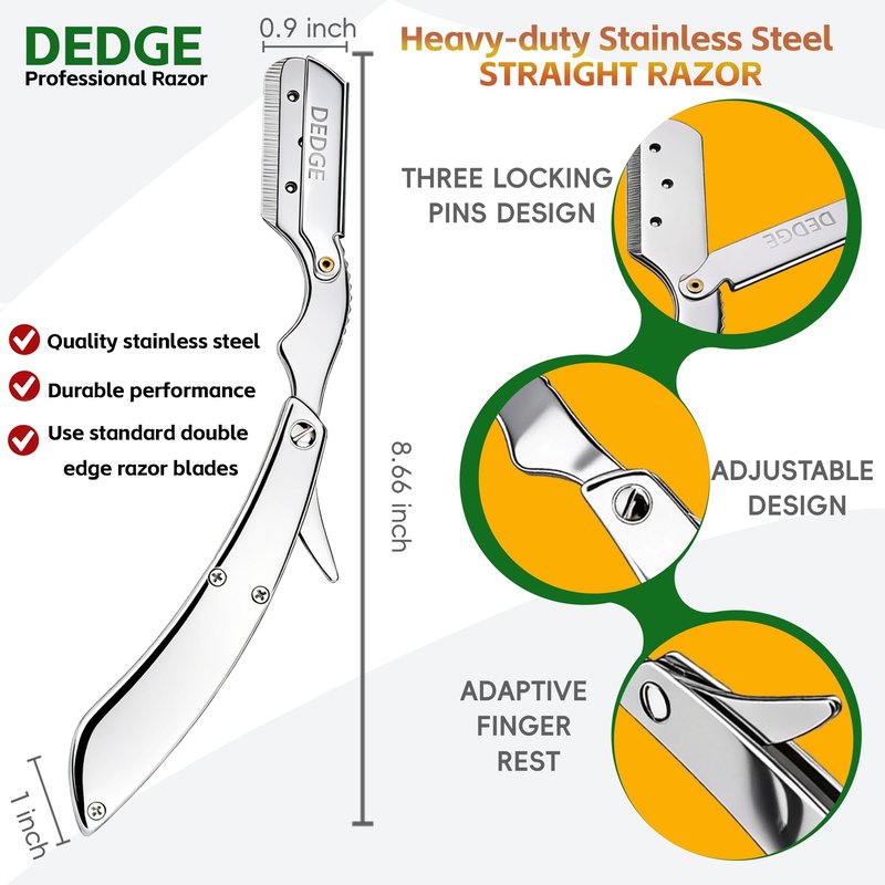 DEDGE Professional All Stainless Steel Straight Razor-Double Edge Razor Barber Beard Shaver with 10 Double Edge Blades for Barber Personal Grooming