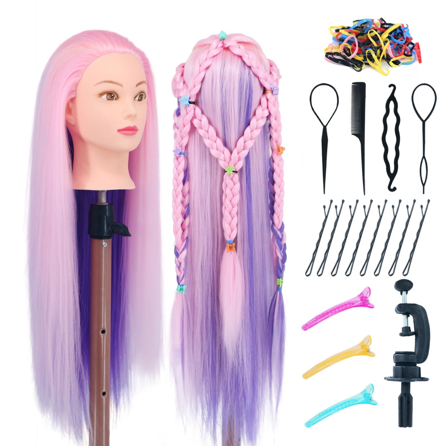 Mannequin Head for Hair Styling - 29'' Cosmetology Training Head with Clamp Holder | Pink Purple