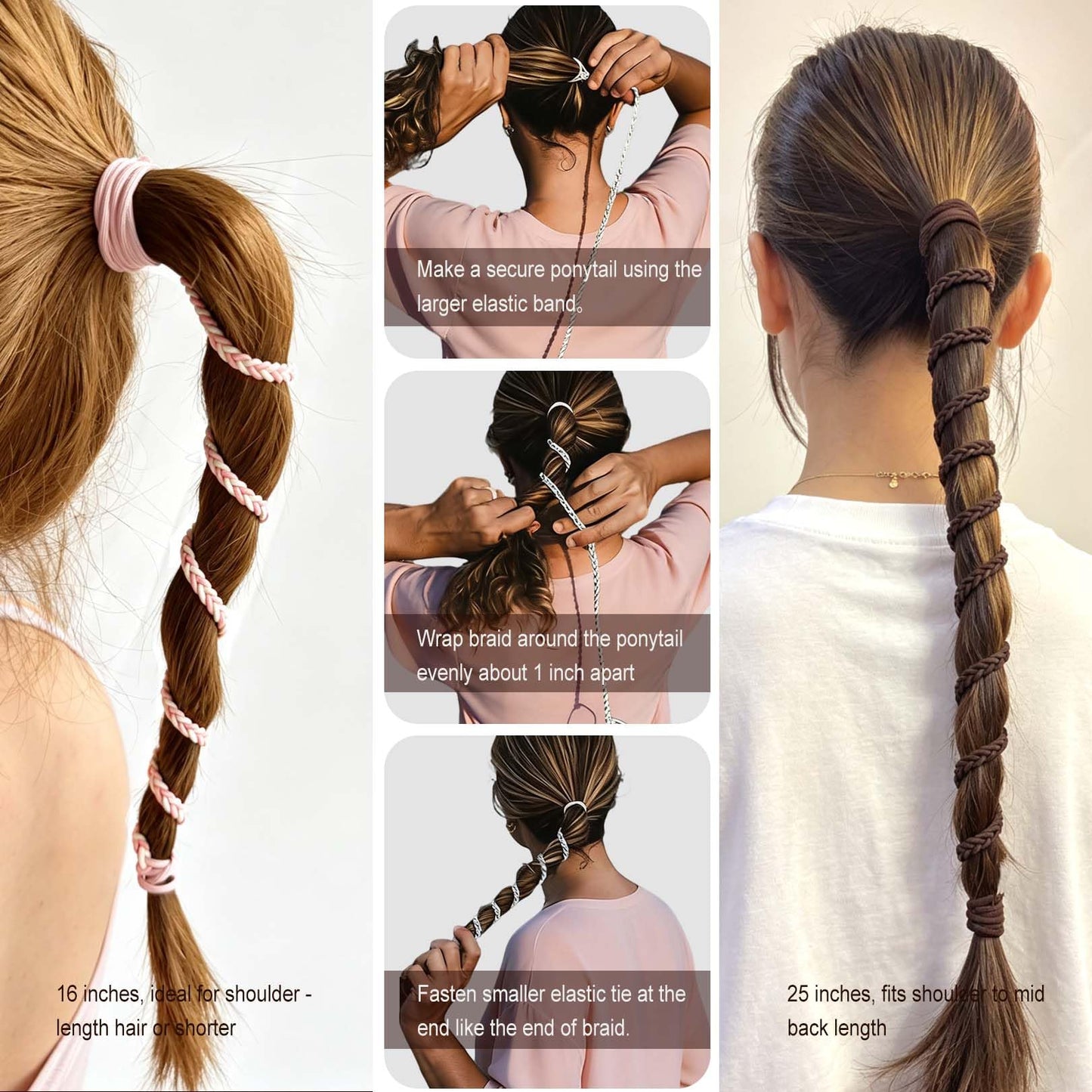 Sport Hair Ties for Women, 25" 4 Packs Soft Nylon Elastic Ponytail Holders for Thick,Curly,Fine Hair Spiral Pony Tail Wrap Tie Long Womens Accessories for Swim,Riding,Running,Workout,GYM (Brown&Black)