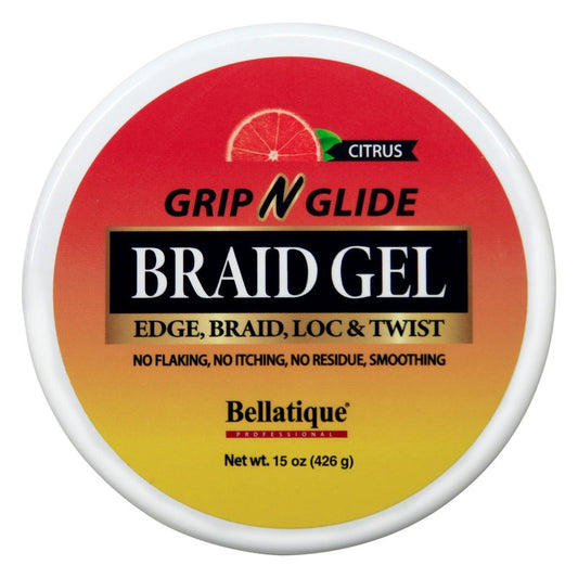BELLATIQUE GRIP N GLIDE Braiding Gel Maximum Hold for LOC & Twist - No Flaking, No Whitening, Fast Drying, High Shine, Cool & Refreshing, Long Lasting Hold (15 oz)