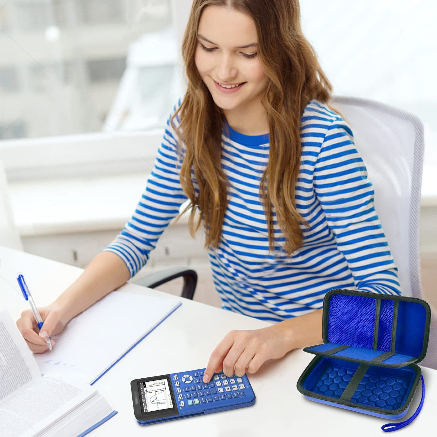 Graphing Calculator Case Compatible with Texas Instruments TI-84 Plus CE/TI-83 Plus CE, Hard Storage Holder for Students, School & Library Study, Mesh Pockets,Pen Holder Hand Strap Case Only Blue