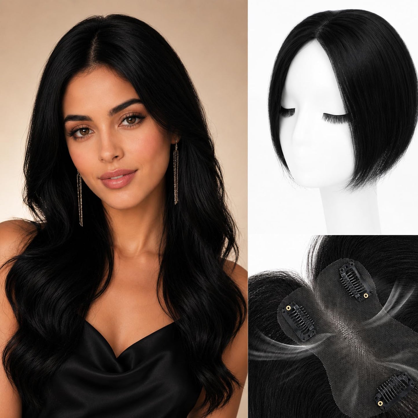 Hair Topper For Women Real Human Hair 10 Inch Super Lightweight Invisible Base Toppers Hairpieces for Women with Thinning Crown Fluffy Breathable for Summer Daily Wear Easy Blend(Black, Middle Part)