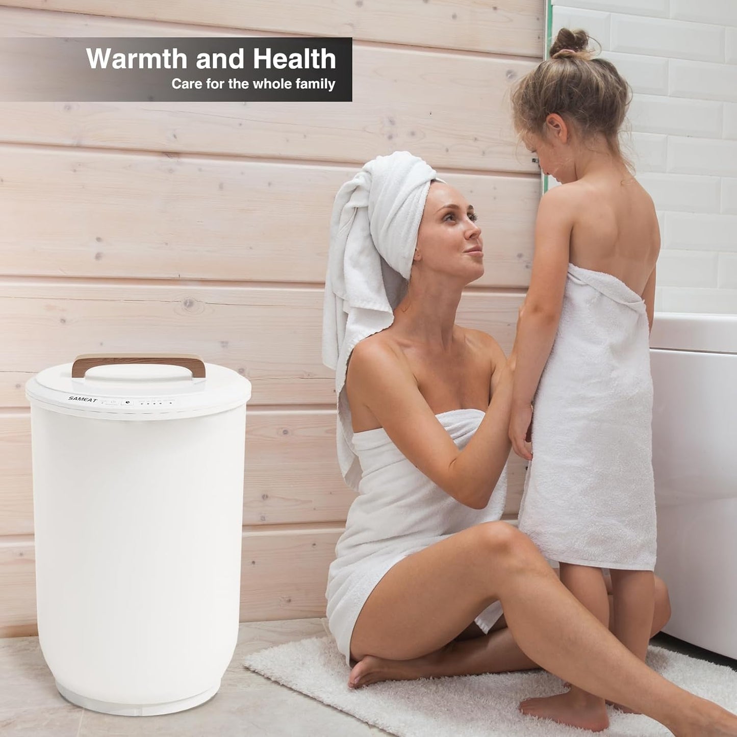 Heated Towel Warmer Bucket - Large Capacity with Wood Handle & Auto Shut Off | Fits Two 40"x70" Towels, White