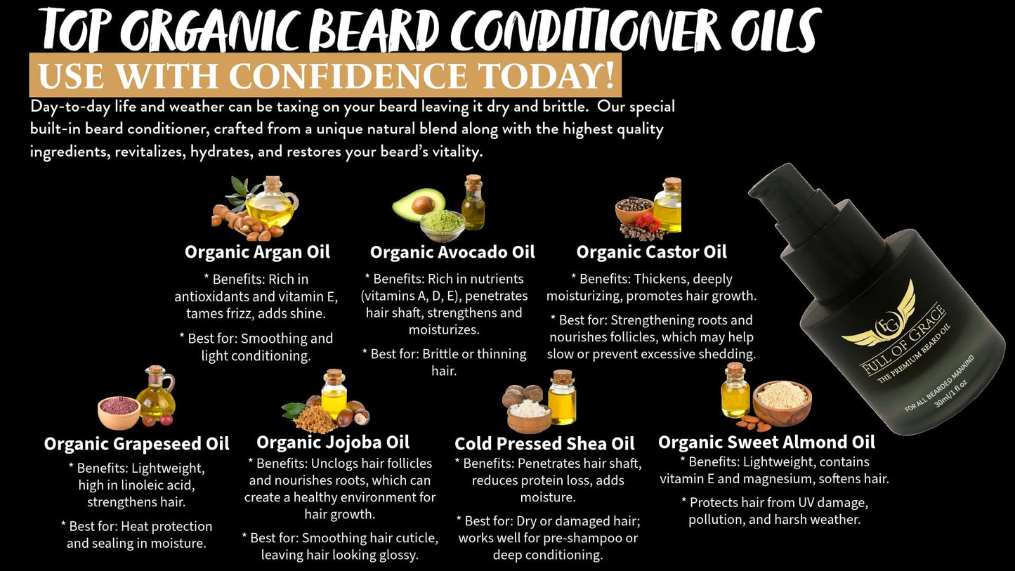 FULL OF GRACE Premium Beard Oil, Organic And Natural, With 22 Ingredients Including Argan, Jojoba, Abyssinian To Condition, Hydrate Beard And Moisturize Facial Skin- Oud, Vanilla Caviar & Amber | 30ml