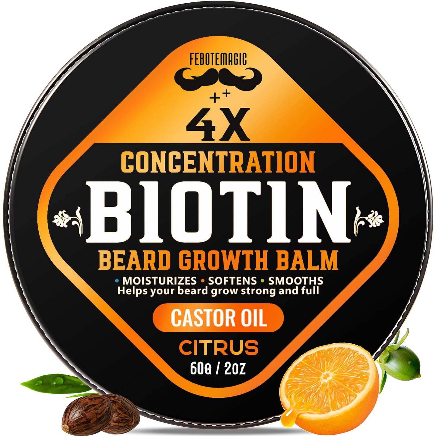 FEBOTE 4X Concentration Biotin Beard Balm for Men – Natural Men's Grooming Butter with Castor, Shea & Jojoba Oil – Softens, Conditions & Styles – Non-Greasy Beard Growth Conditioner – 2 oz (Citrus)