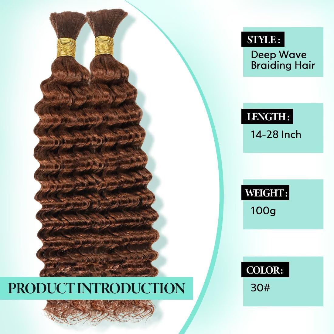 Boho Hair for Braiding, Curly Virgin Human Braiding Hair for Women, 12A Knotless Deep Wave Bulk Bohemian Styles, 100g 18 Inch 2 Bundles/Pack Auburn copper Color 30