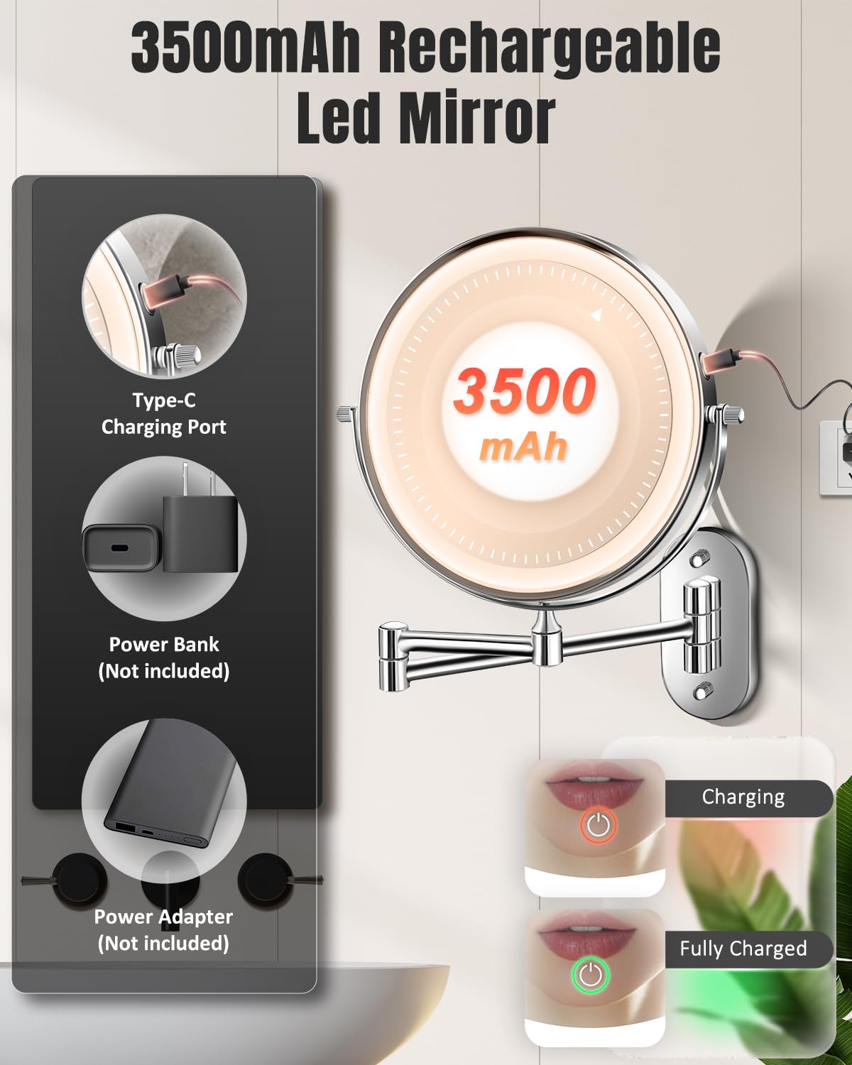 30X/1X Wall Mounted Lighted Makeup Mirror, 8'' Double Sided Rechargeable Magnifying Bathroom Mirror with Light, 3 Color Lights Touch Dimmable Extended Arm 360 Rotation Light up Mirrors