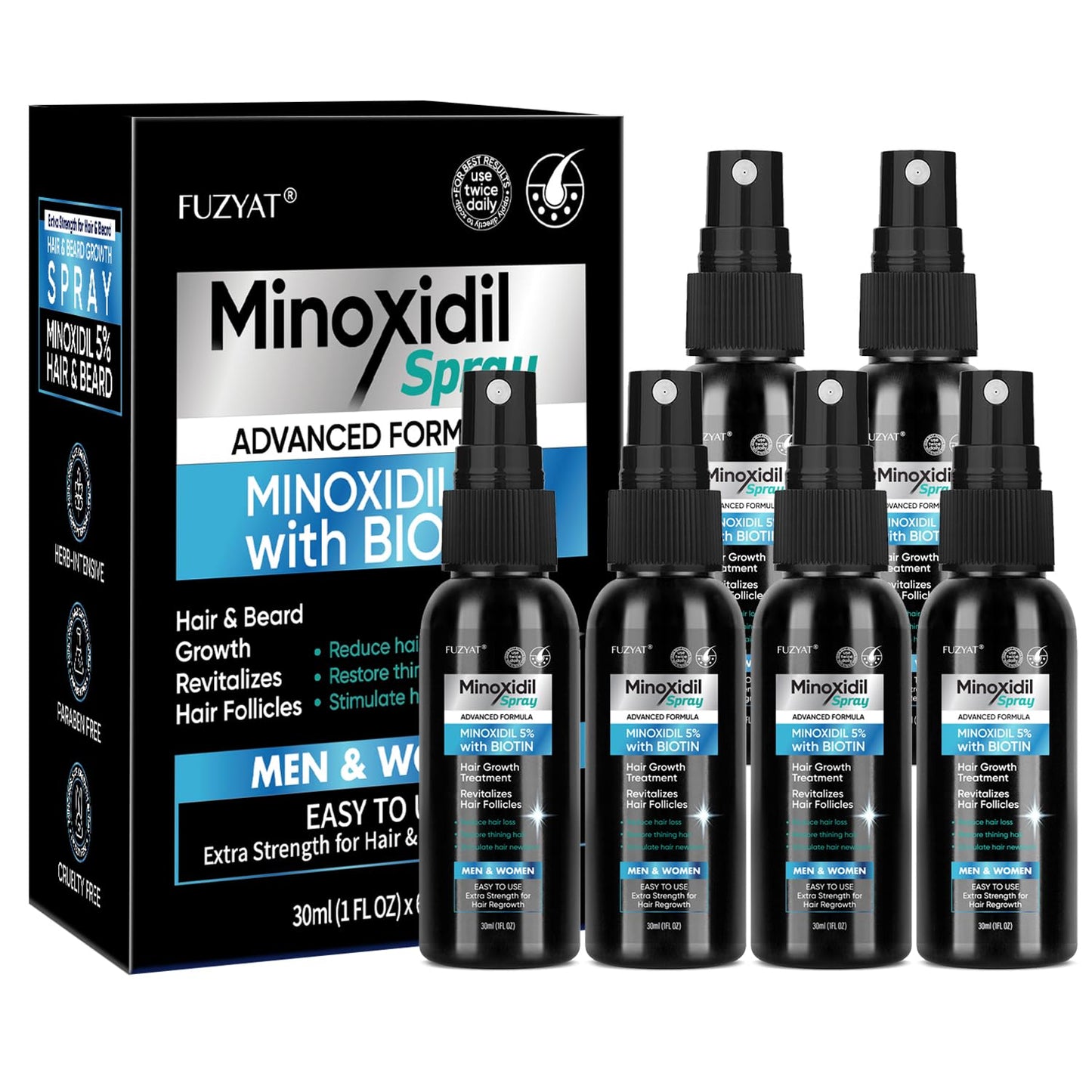 5% Minoxidil for Men Beard and Hair, Minoxidil for Women Hair Growth Spray with Biotin & Castor Oil, Strengthens Weak Roots, Repairs Thinning Hair Spray (180ml, 6PCS-Spray)