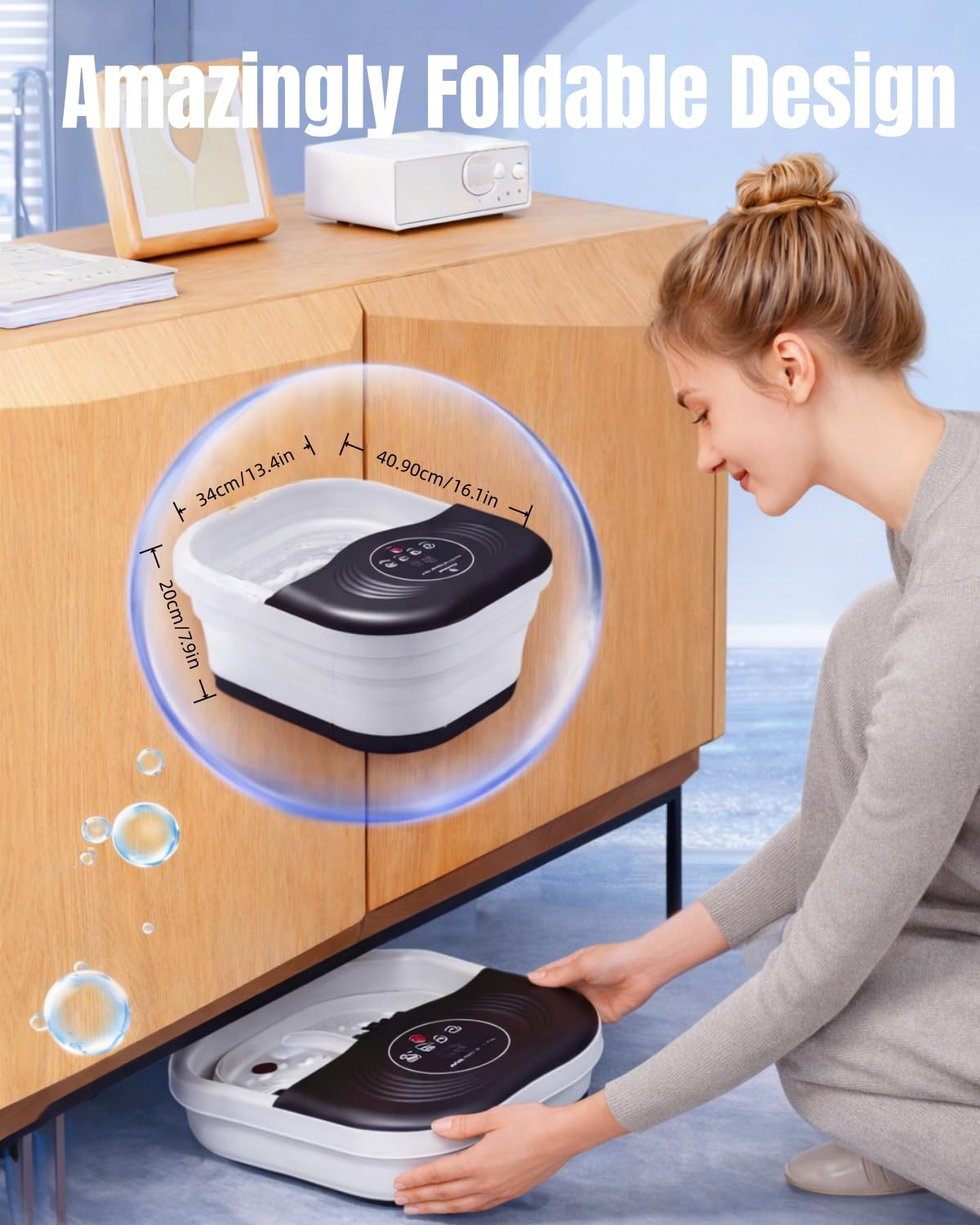 SPA4PIEDS Collapsible Heated Foot Spa Bath with Bubble, Foot Soaking Tub Featuring 8 Shiatsu Rollers Pumice Stone and Built-in Timer for Foot Relaxation, Self Care Gift for Mom,Dad,Parents(Black)