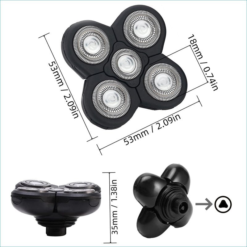 Men 5 Blade Rotary Razor 5D Replacement Head, Alternate Floating Washable Electric Shavers Trimmer Electric Shaving Head (Black-2Pcs)