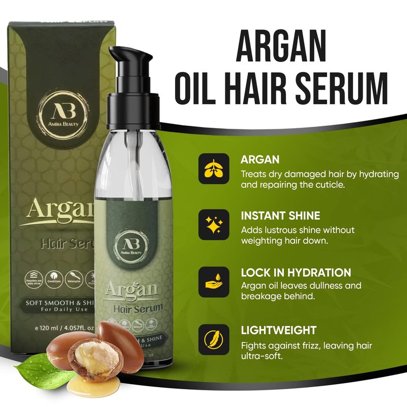 Amira Beauty Hair Repair Serum Argan Oil - Shine, Growth, Frizz Control, Smoothing, Strengthening Heat Protection For All Hair Types 4Fl. oz