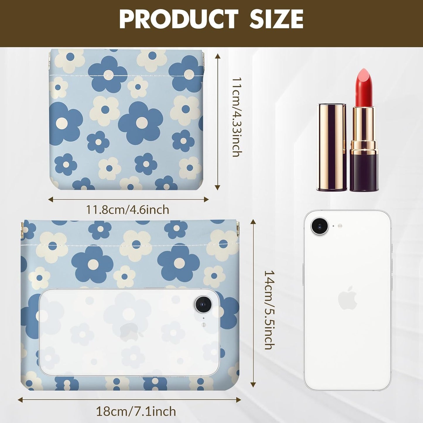 Small Makeup Bag Set - 2 PCS PU Leather Cosmetic Organizer | Portable Travel Toiletry Pouch with Blue and White Floral Design