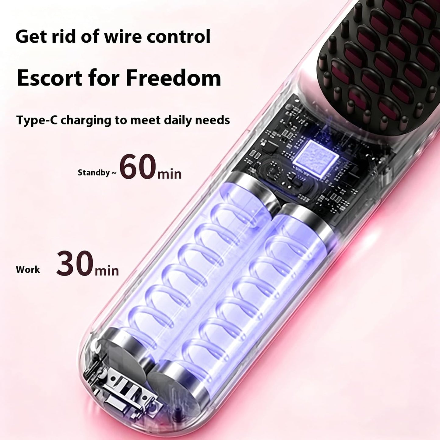 Cordless Straightening Brush for Short Hair - Ionic & Ceramic Care, Fast 30s Heat, 4 Temp Settings | USB-C Rechargeable, Pink