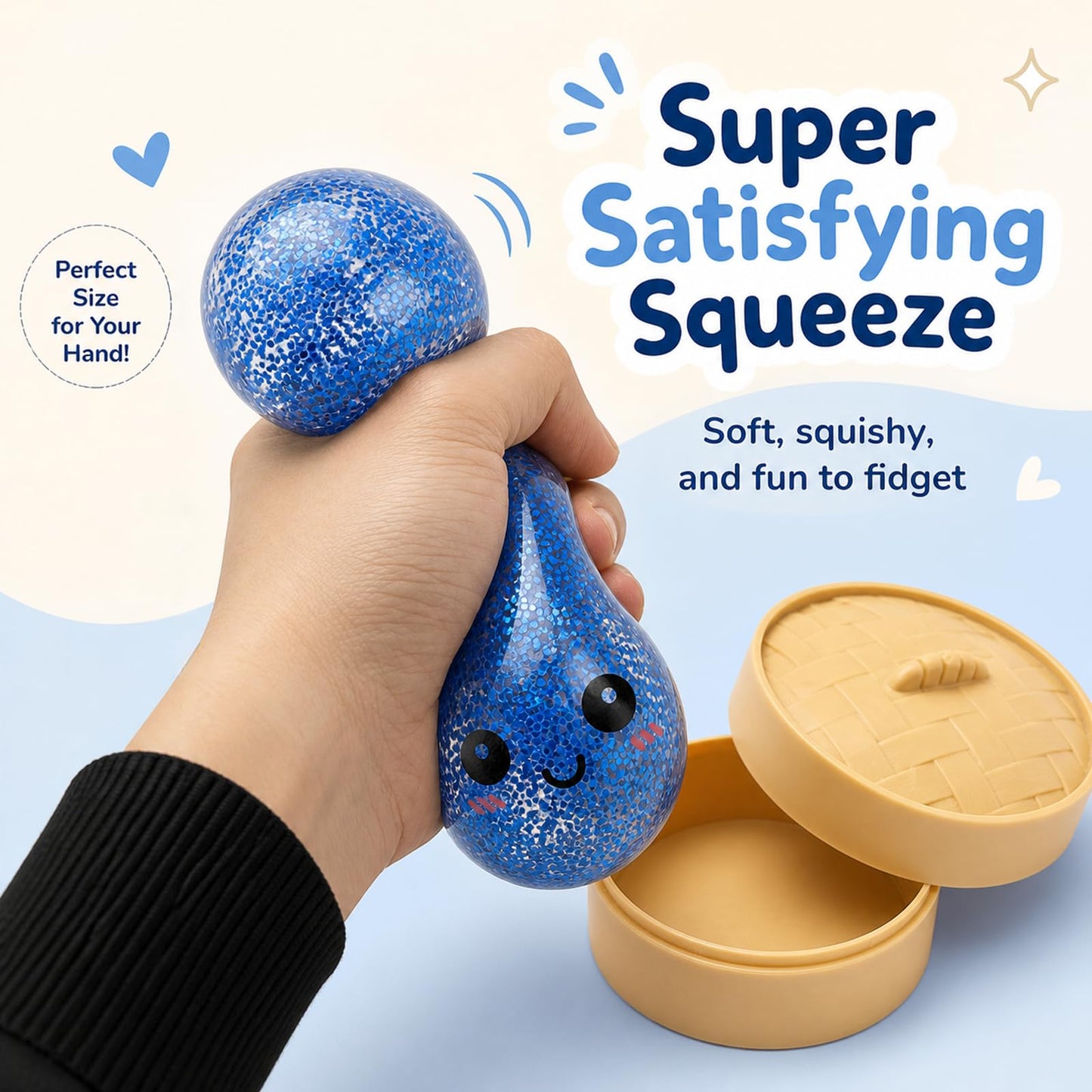 Crossunx Glitter Blue Dumpling Squishies Stress Balls, Colorful Squishies Dumpling Fidget Sensory Toy with Food Steamer, Squeeze Dough Ball for Stress Relief, Stretchy Desk Toys Gift