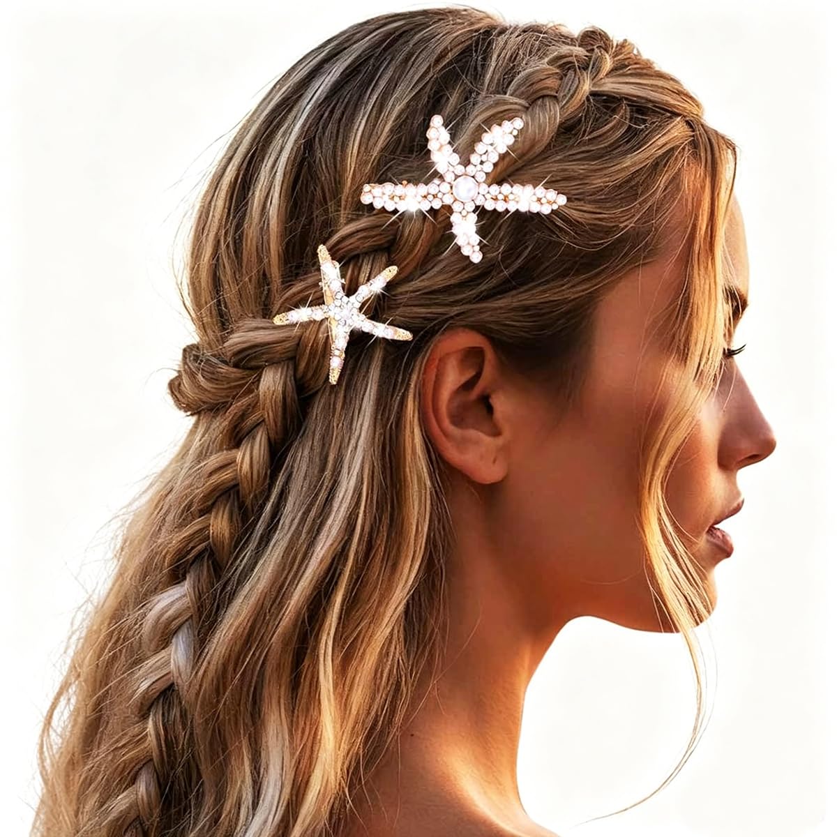 Starfish Hair Clips - Pearl Crystal Rhinestone Barrettes | Non-Slip Ponytail Holders for Weddings & Beach Parties - 2PCS
