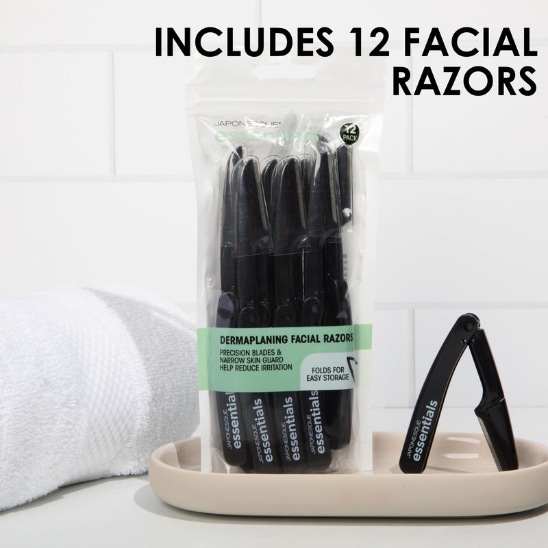 JAPONESQUE Essentials Dermaplaner Facial Hair Razors 12 Pack – Precision Blades for Peach Fuzz Removal, and Eyebrow Shaping for Men & Women