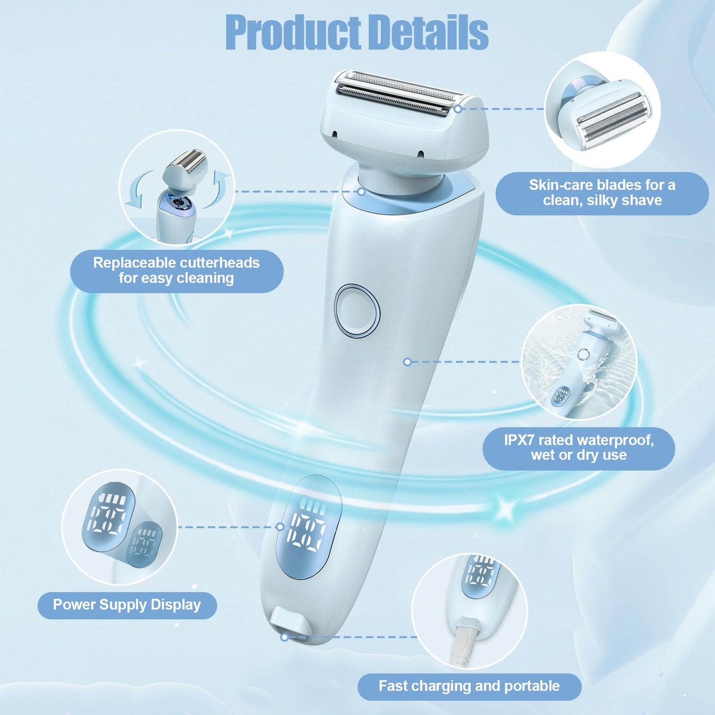 Electric Shaver for Women, 2 in 1 Wet & Dry Silk Glide Pro Shaver with 2 Removable Heads, Rechargeable Electric Razors for Bikini, Pubic Hair, Legs, Body, Blue