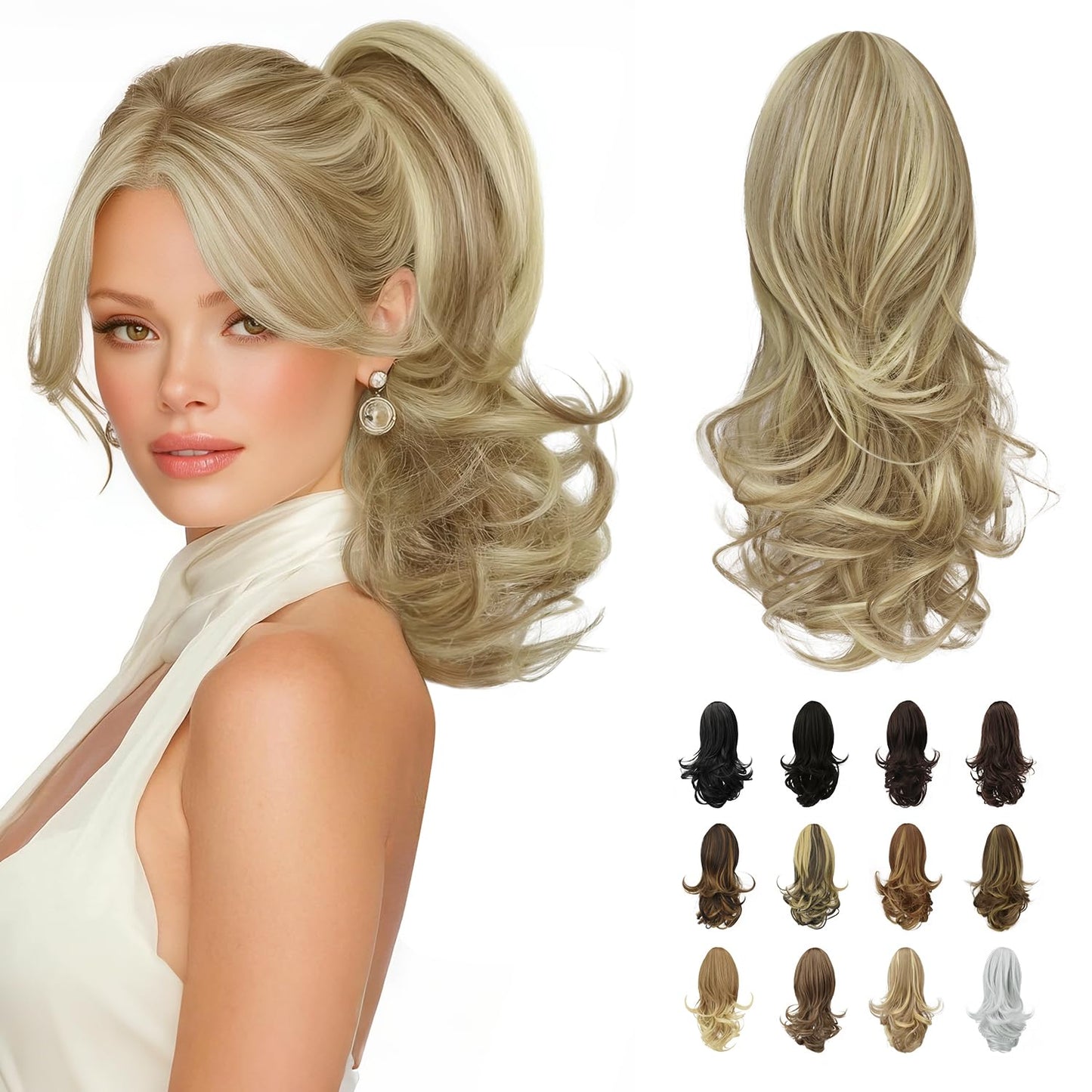 Sofeiyan 13" Ponytail Extension Long Curly Ponytail Clip in Claw Hair Extension Natural Looking Synthetic Hairpiece for Women, Light Ash Brown & Bleach Blonde