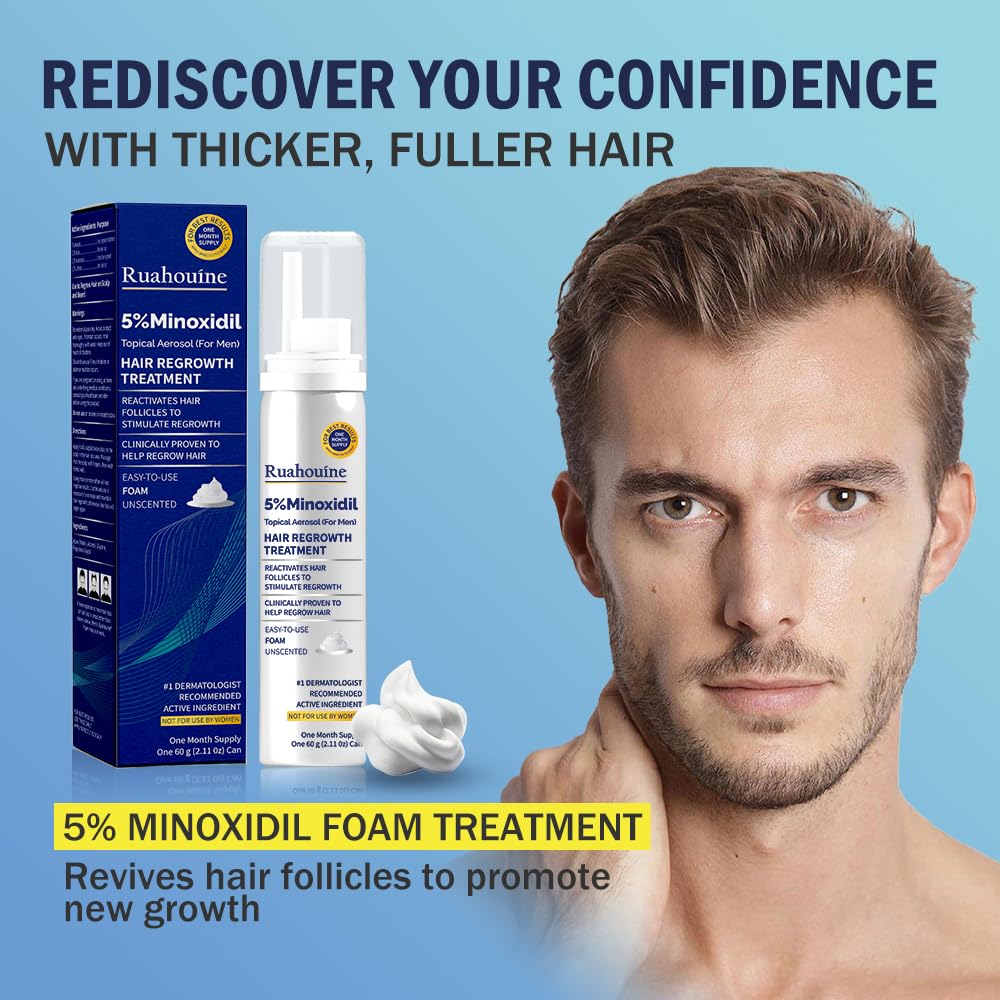 Ruahouine 5% Minoxidil Foam for Hair Regrowth, Topical Hair Loss Treatment for Men to Regrow Fuller, Thicker Hair, Rosemary Minoxidil Topical Aerosol, 60ml / 2.11oz