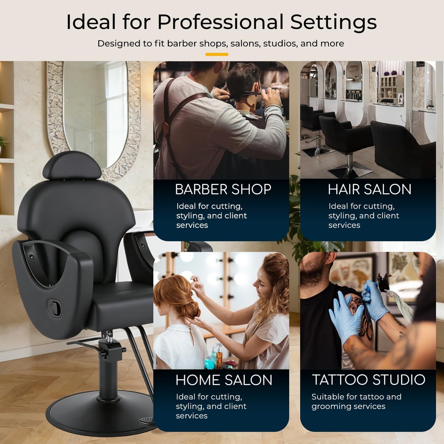 Reclining Salon Barber Chair - 360° Swivel, Adjustable Height, Heavy Duty Hydraulic | Matte Black