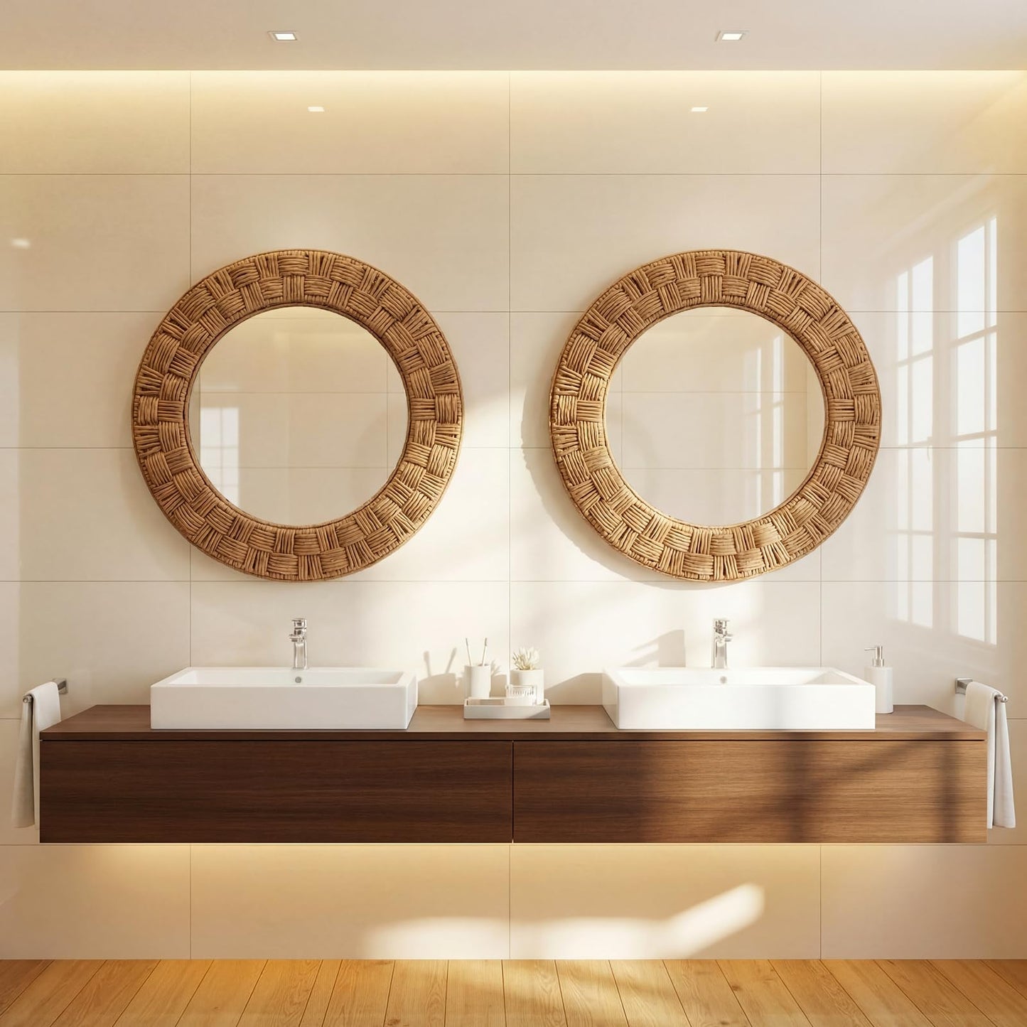 Sabary 30 Inch Rattan Wall Mirror Round Rope Boho Mirror Wicker Chequered Handwoven Natural Rustic Beachy Coastal Decorative for Bathroom, Bedroom, Living Room, Entryway