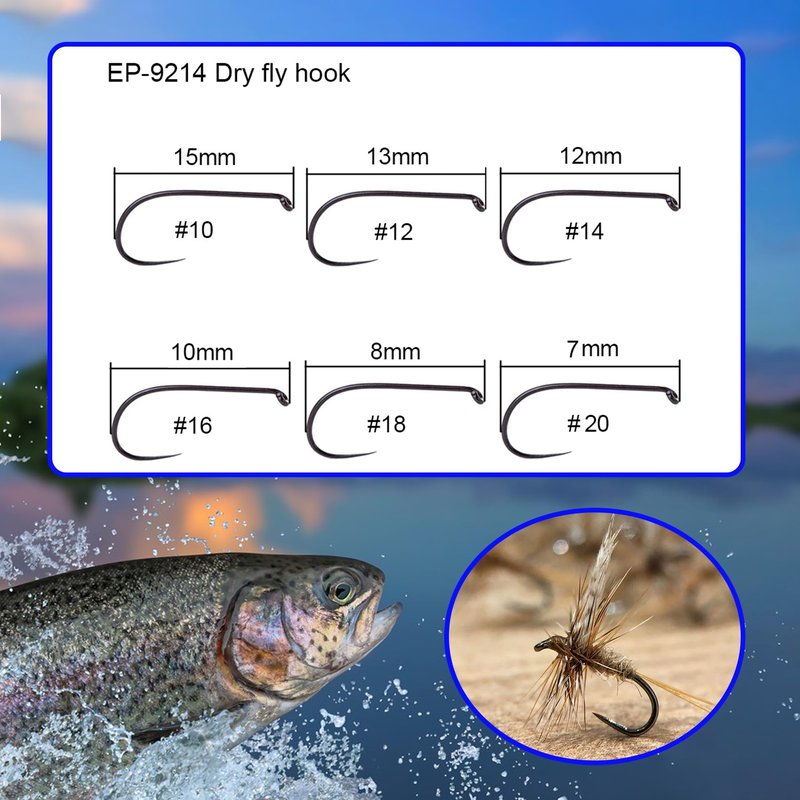 Eupheng 100pcs Plus Best Barbless Competition Fly Fishing Hook Collection - Dry Nymph Strimp&Pupa, Pupa Jig Hooks, High Carbon (Dry Hook EP-9214, 16#)