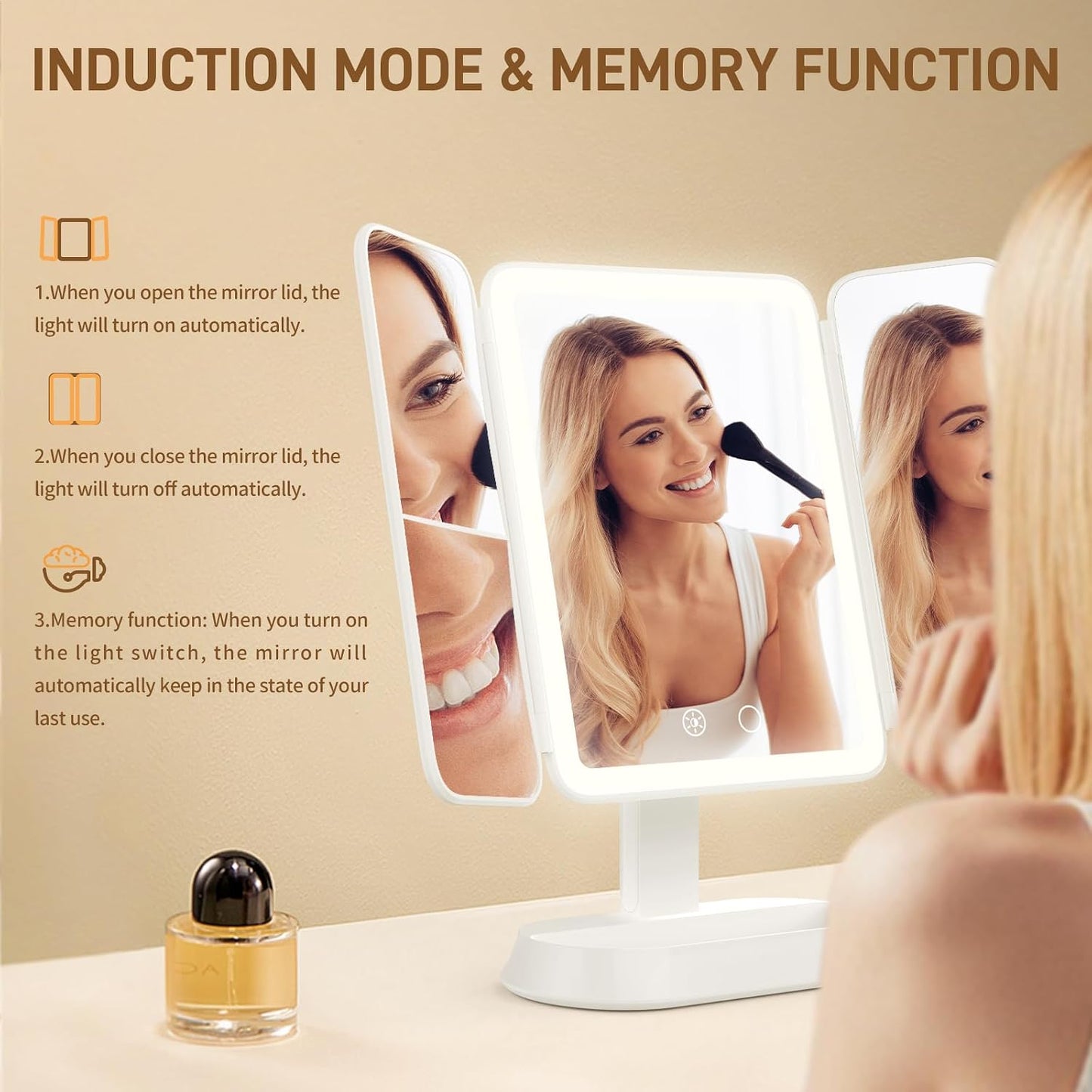 Illuminated Makeup Mirror - 1X/3X/5X Magnification, Dimmable Soft Light, 360° Rotation | Rechargeable Trifold Mirror for Travel & Dorm