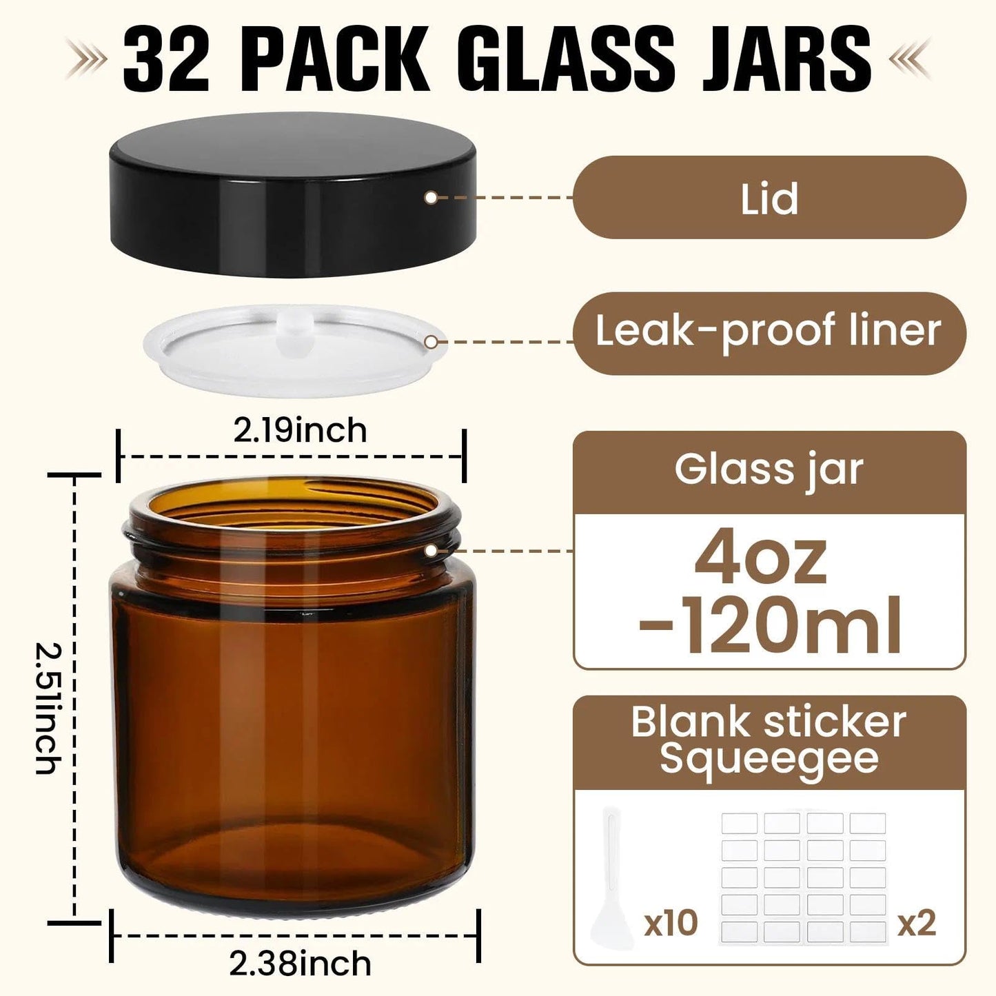 32 Pcs 4 oz Glass Jars with Lids, Amber Glass Jars with 40 Labels & 10 Spatulas, Inner Liners, LeakProof, UV-Protective,Round Glass Containers for Essential Oils, Spices, Candle Making,DIY