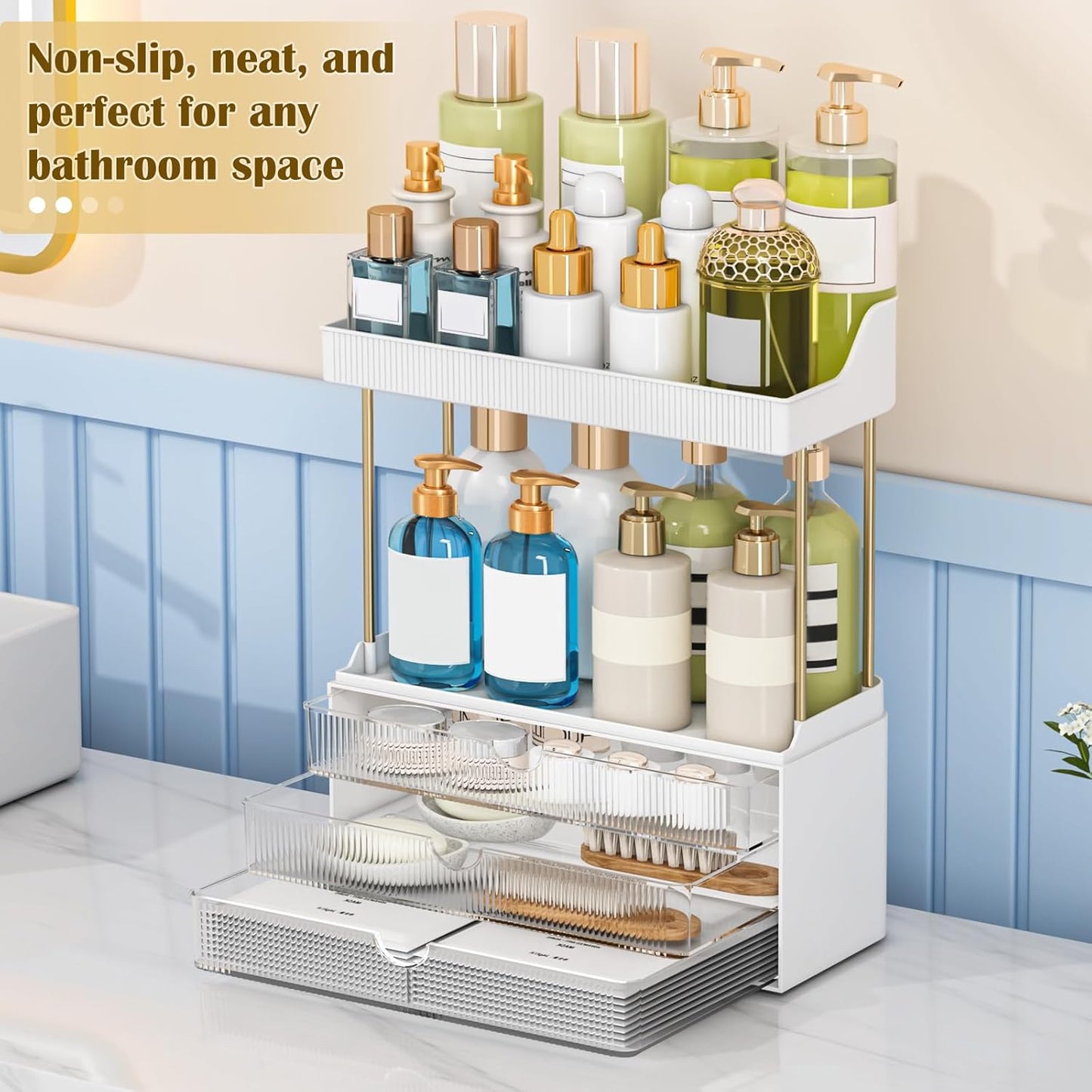 Bathroom Counter Organizer - 2 Pack Makeup Storage with 3 Drawers | Clear Cosmetic Drawer for Vanity & Dresser