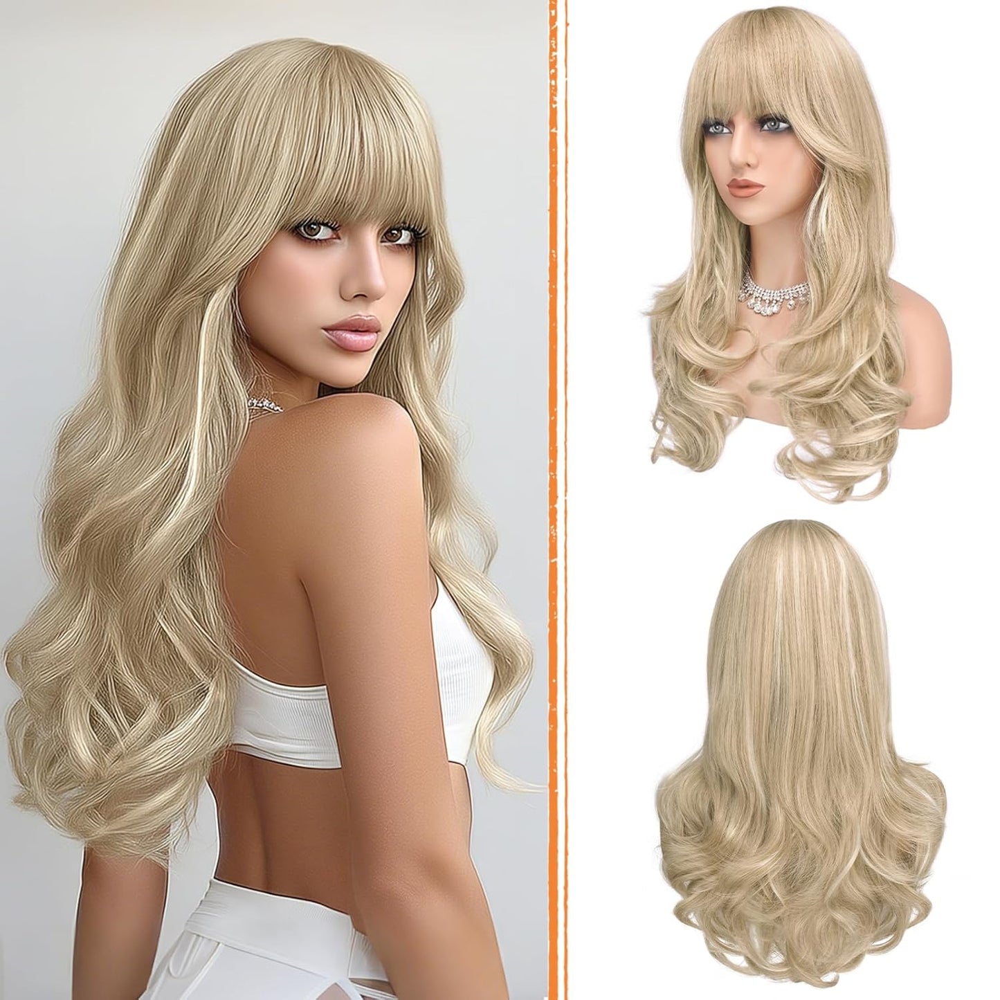 Pink Wigs with Bangs - Long Wavy Layered Synthetic Hair Wig | Natural-Looking, Heat Resistant, 24 Inch