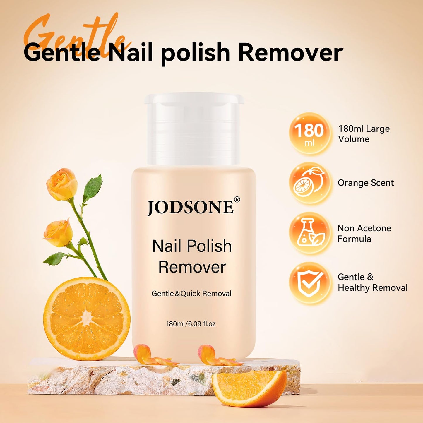 JODSONE Non-Acetone Nail Polish Remover, 6.09 Fl.Oz Orange Scent Nail Polish Remover,Gentle & Nail-friendly with Vitamin E & Aloe,Push-down Pump,Easy Daily Removal for Regular Nail Polish