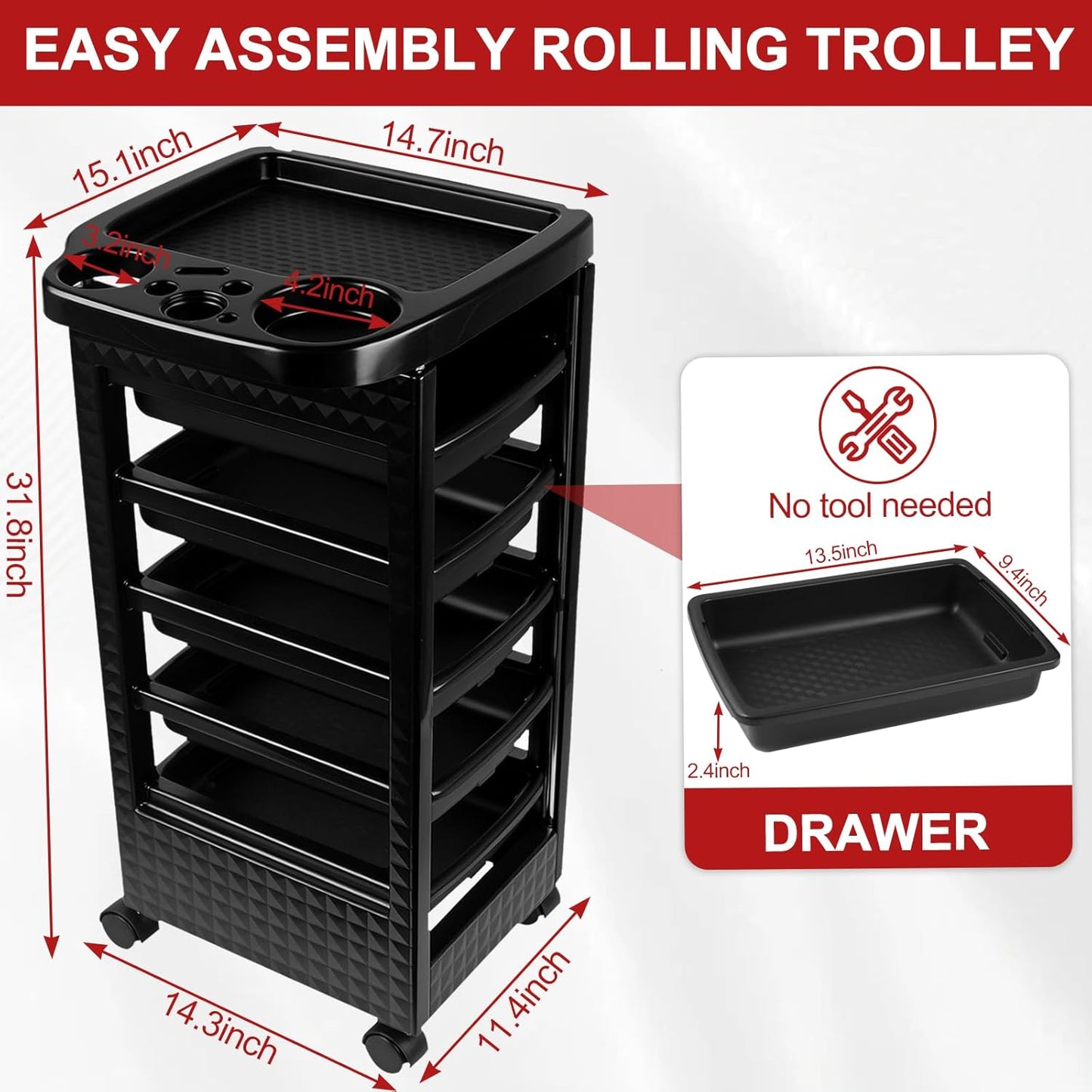 Salon Trolley Cart with Wheels - 5 Drawer Rolling Cart for Hair Stylists | Professional Salon Organizer