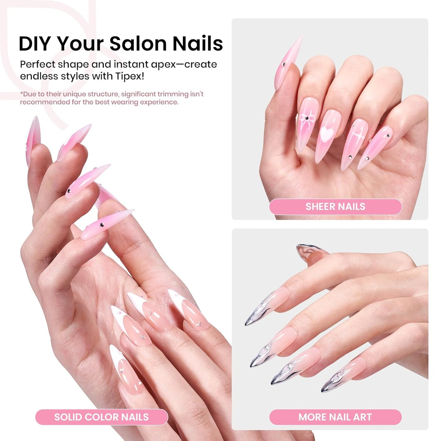 Apex Nail Tips Kit - Long Stiletto 224PCS | No Builder Gel Needed, Mini UV Lamp Included