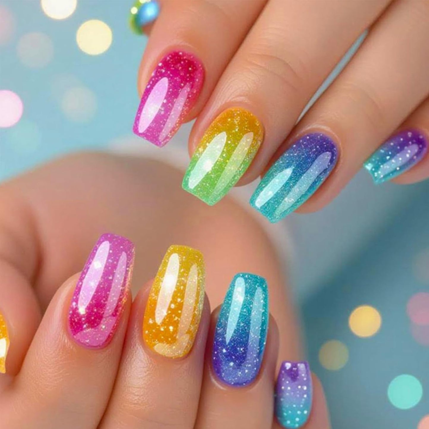 Almond Press-On Nails - Pink Coconut Tree Designs | Glossy Glitter Acrylic, 24 Pcs Reusable for Beach Vacation & Daily Wear