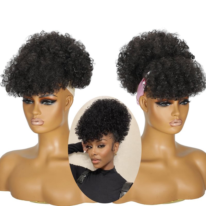 Afro Puff Drawstring Ponytail with Bangs - Kinky Curly Synthetic Hair Extensions for Black Women | Fluffy Natural Black Updo