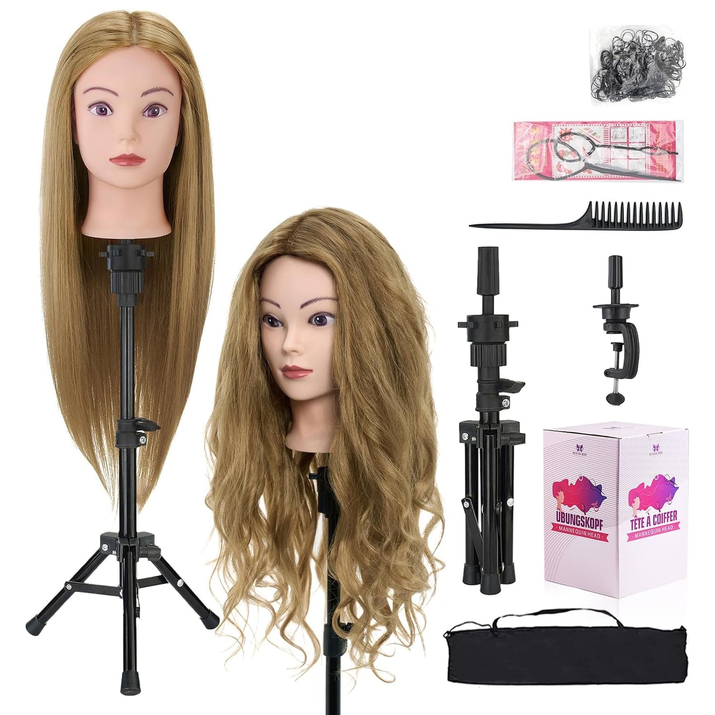 28-Inch Mannequin Head | 80% Real Human Hair for Styling, Braiding & Curling - Blonde with Table Clamp